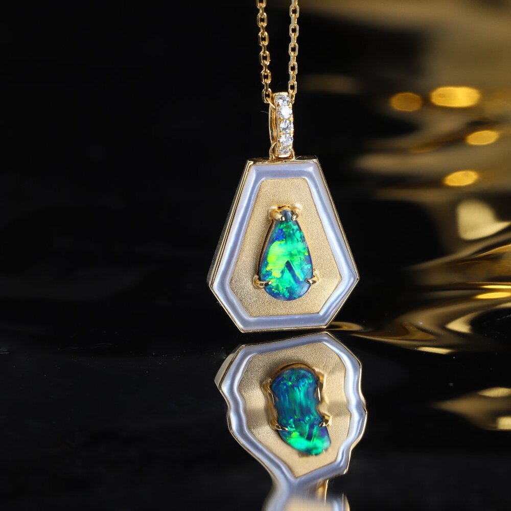 Black Opal Necklace Trapezoid Shaped Pendant 18k Yellow Gold